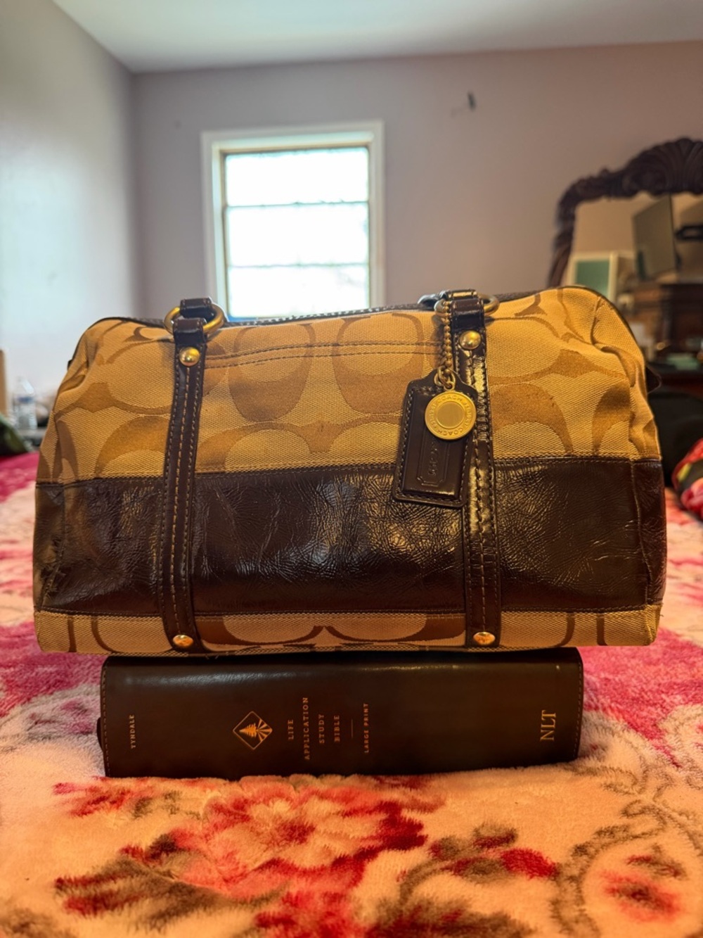 Coach Tan Khaki Signature Canvas Satchel with Dark Brown Leather Trim